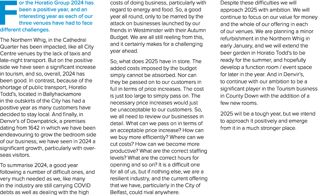 For the Horatio Group 2024 has been a positive year, and an interesting year as each of our three venues have had to ...