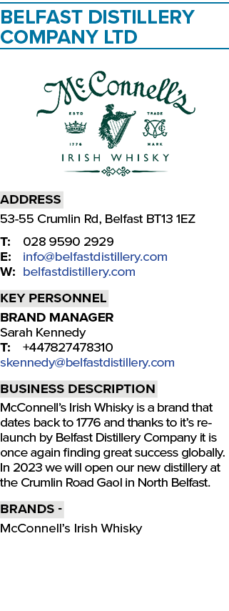 BELFAST DISTILLERY COMPANY LTD ￼ Address 53 55 Crumlin Rd, Belfast BT13 1EZ T: 028 9590 2929 E: info@belfastdistiller...