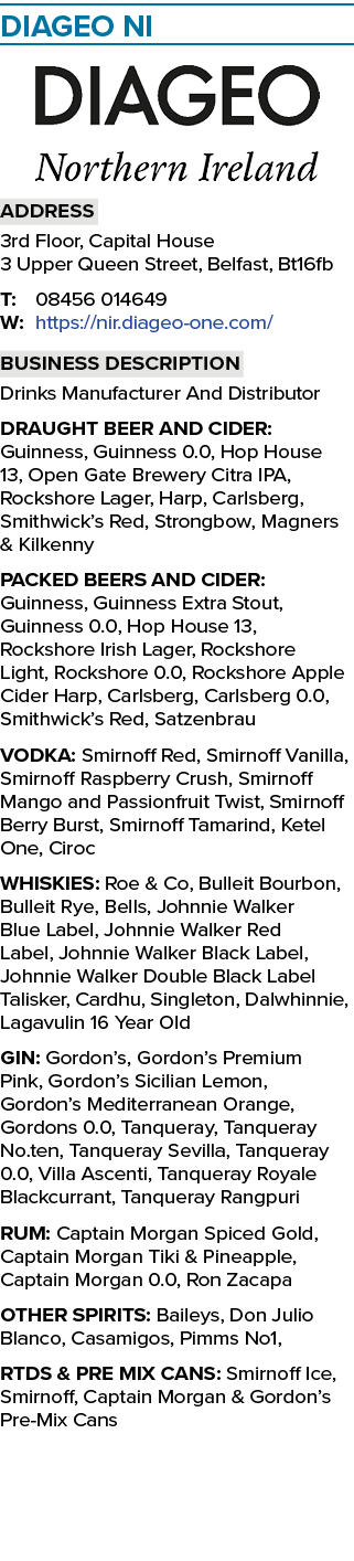 ﻿﻿Diageo NI ￼ Address 3rd Floor, Capital House 3 Upper Queen Street, Belfast, Bt16fb T: 08456 014649 W: https://nir.d...