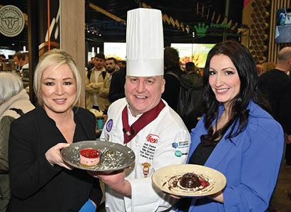 Recipe for Success at IFEX: Thousands attend food, drink, retail, foodservice and hospitality event at TEC Belfast.   First Minister, Michelle O’Neill, and deputy First Minister, Emma Little Pengelly, attended Day Two of the event, and are pictured with Sean Owens, Salon Culinaire Director, IFEX.   IFEX runs until 4pm on Thursday 7th March and visitors can register at www.IFEXexhibition.co.uk   Photo by Simon Graham
