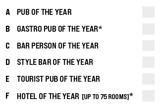 A,PUB OF THE YEAR,,B,GASTRO PUB OF THE YEAR*,,C,BAR PERSON OF THE YEAR,,D,STYLE BAR OF THE YEAR,,E,TOURIST PUB OF THE...