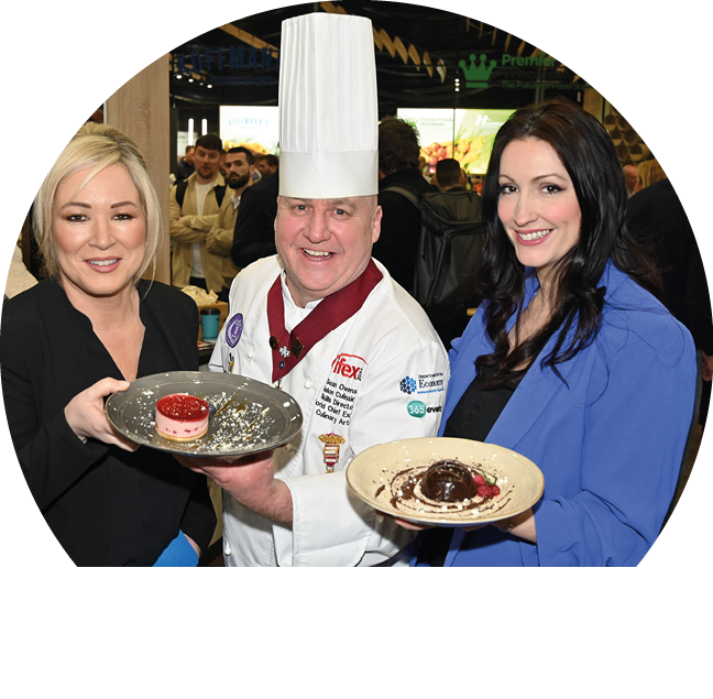 Recipe for Success at IFEX: Thousands attend food, drink, retail, foodservice and hospitality event at TEC Belfast.   First Minister, Michelle O’Neill, and deputy First Minister, Emma Little Pengelly, attended Day Two of the event, and are pictured with Sean Owens, Salon Culinaire Director, IFEX.   IFEX runs until 4pm on Thursday 7th March and visitors can register at www.IFEXexhibition.co.uk   Photo by Simon Graham