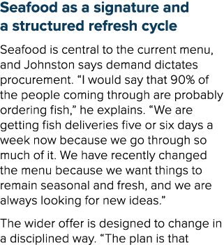 Seafood as a signature and a structured refresh cycle Seafood is central to the current menu, and Johnston says deman...
