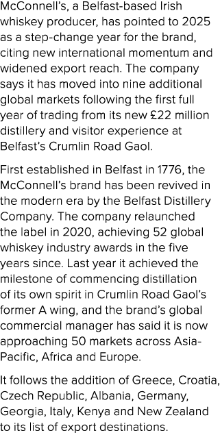 McConnell’s, a Belfast based Irish whiskey producer, has pointed to 2025 as a step change year for the brand, citing ...