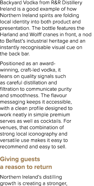 Backyard Vodka from R&R Distillery Ireland is a good example of how Northern Ireland spirits are folding local identi...