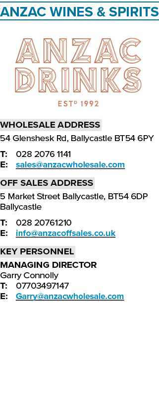 Anzac Wines & Spirits ￼ wholesale Address 54 Glenshesk Rd, Ballycastle BT54 6PY T: 028 2076 1141 E: sales@anzacwholes...