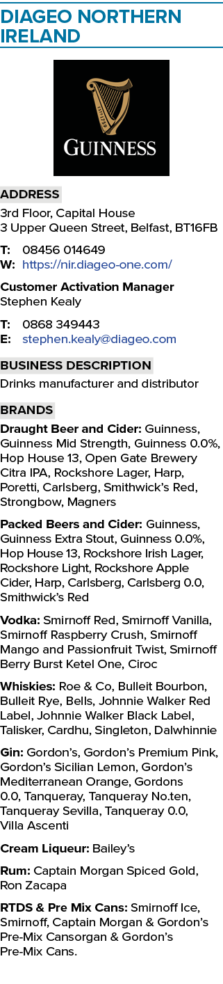 ﻿Diageo NORTHERN IRELAND ￼ Address 3rd Floor, Capital House 3 Upper Queen Street, Belfast, Bt16fb T: 08456 014649 W:...