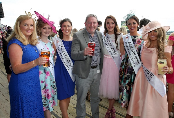 Terry McCourt from Tennent’s NI is pictured at Magners Derby Day l with (from left) Lesa McCann from the Cellar Bar, Lurgan; Down Rose, Fainche McCormack; Fermanagh Rose, Mairead McHugh; Tyrone Rose, Genieve Scullion; Armagh Rose, Meabh Lenehan and Donegal Rose Zoe McGettigan.